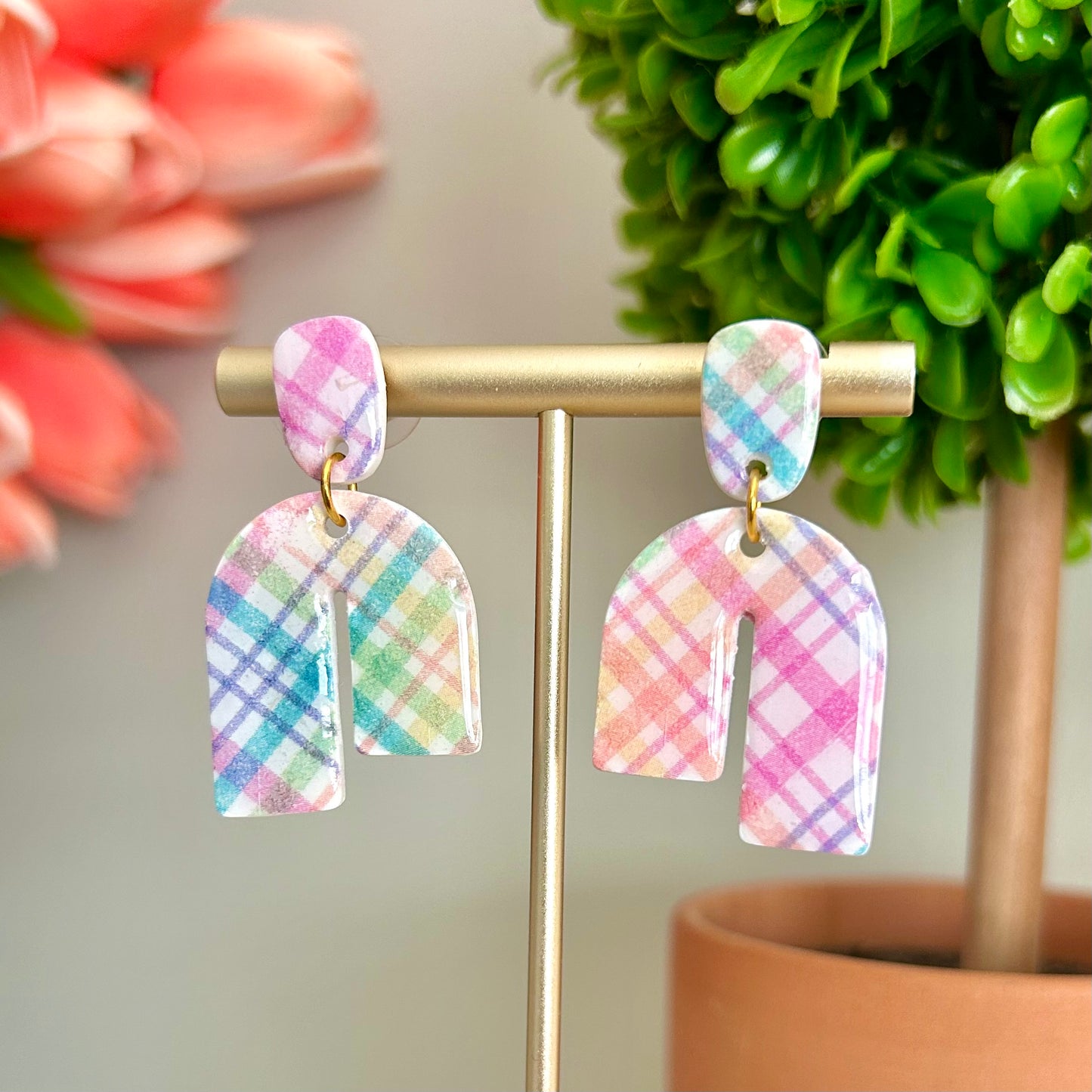 Asymmetrical Arch Dangle in Spring Plaid Multi