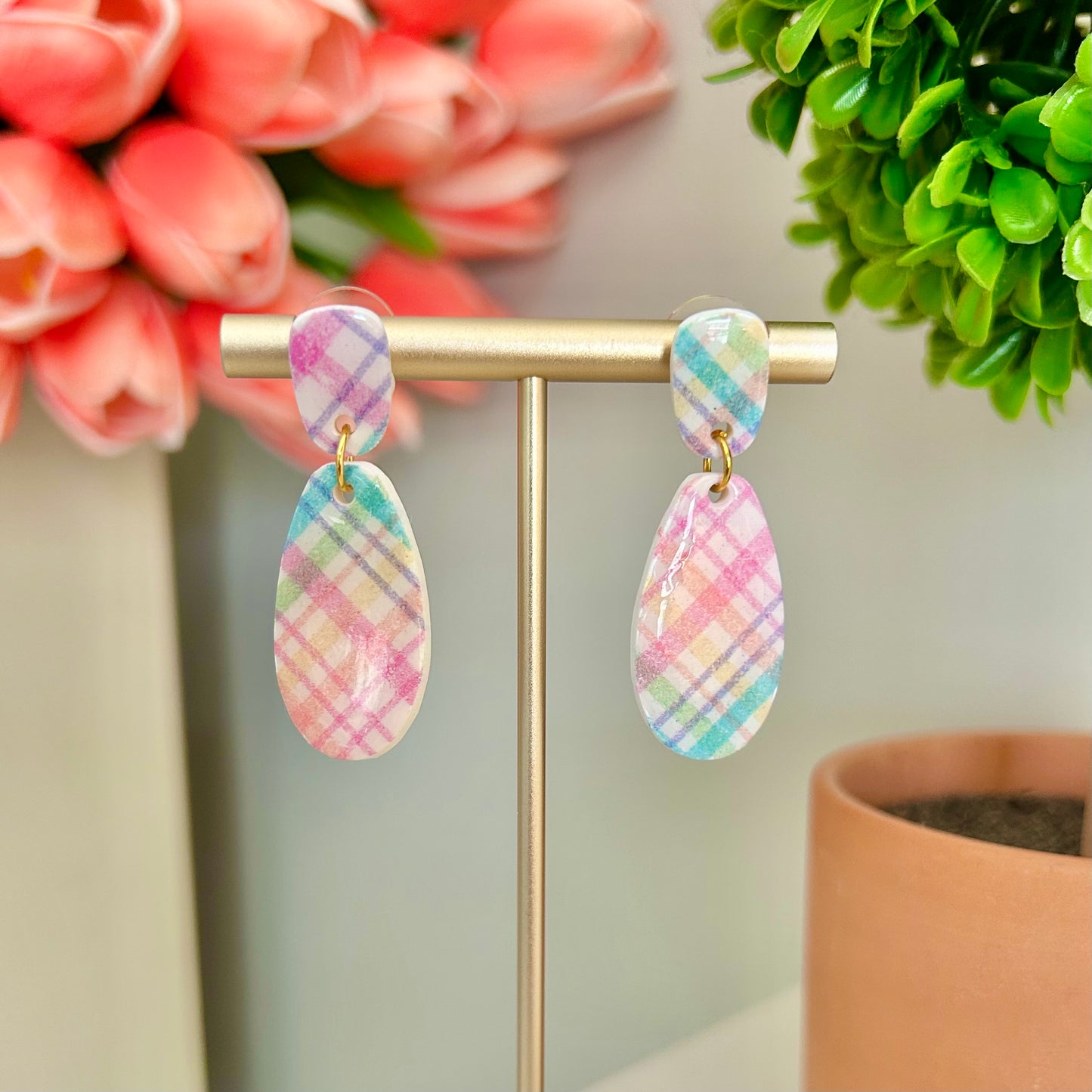 Long Oval Dangle in Spring Plaid Multi