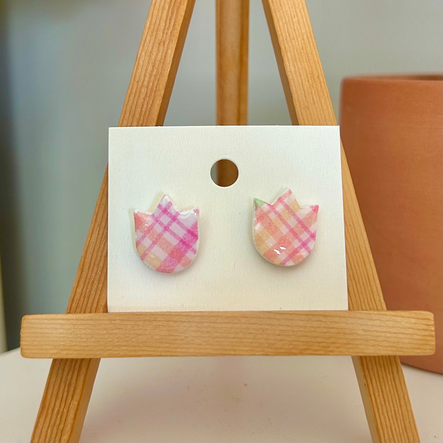 Tulip Studs in Spring Plaid Multi 3
