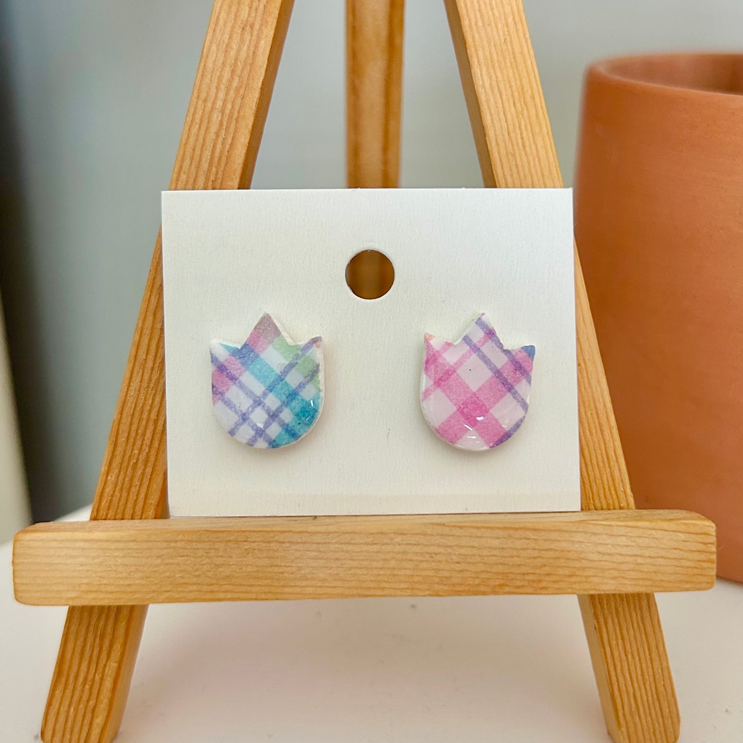 Tulip Studs in Spring Plaid Multi 2